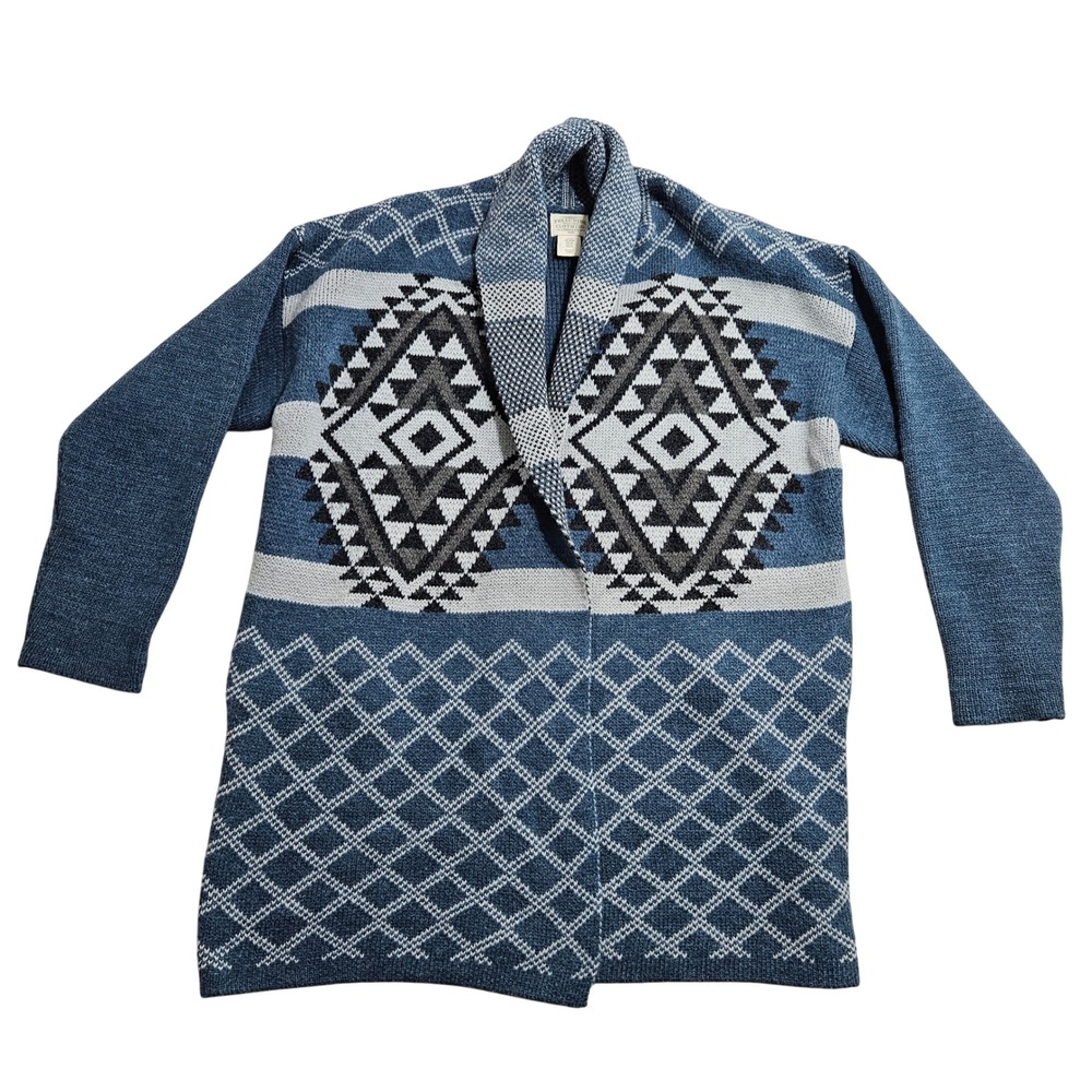 Telluride Vintage Cardigan Medium Blue Geometric Shawl Collar Pockets Aztec